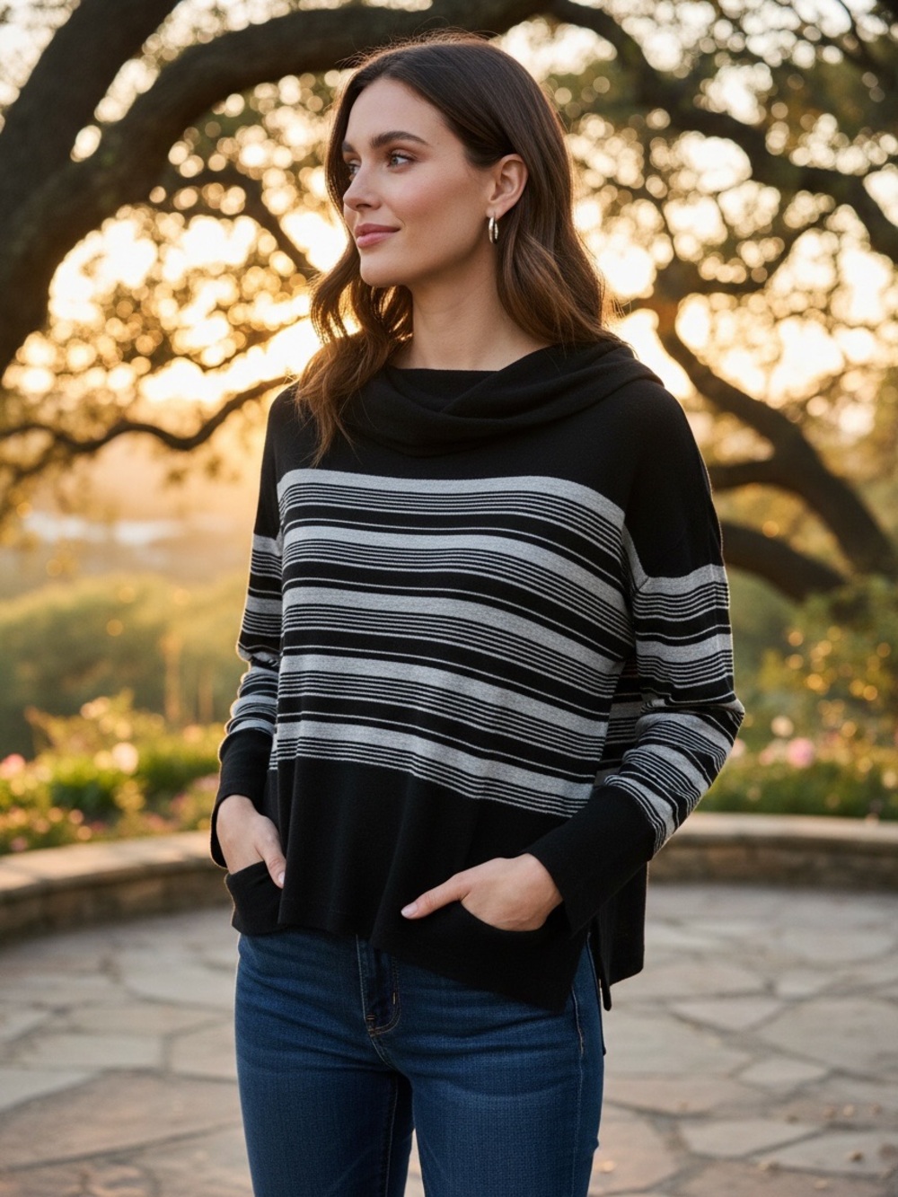 Free People We the Free Knit Sweater Cowl Neck Black White Size S Loose Comfy